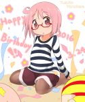  1girl 2016 :o ahoge character_name dated glasses happy_birthday highres long_sleeves looking_at_viewer nonohara_yuzuko open_mouth pink_hair red-framed_glasses semi-rimless_glasses shirt short_hair shorts sitting solo striped striped_shirt under-rim_glasses wariza watage_(lucky_yyg) yuyushiki 