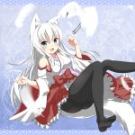  1girl animal_ears bird blue_eyes blush bow crane_(animal) detached_sleeves feathers fox_ears fox_tail frills geso_(nekomachi) japanese_clothes kitsune long_hair looking_at_viewer miko open_mouth original pantyhose simple_background solo tail white_hair wide_sleeves 