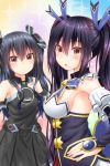  2girls bare_shoulders black_hair blush breasts choujigen_game_neptune choujigen_game_neptune_mk2 hair_ornament highres large_breasts long_hair looking_at_viewer multiple_girls neptune_(series) noire oekakizuki open_mouth red_eyes ribbon smile thigh-highs twintails uni_(choujigen_game_neptune) very_long_hair 
