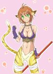  1girl animal_ears blush breasts breath_of_fire breath_of_fire_ii bustier cat_ears cat_tail chigusa cleavage facial_mark furry gloves green_eyes hair_between_eyes highres no_panties no_pants orange_hair pointy_ears rinpoo_chuan short_hair smile solo tail 