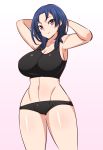  1girl active_raid arms_up black_panties blue_hair blush closed_mouth collarbone cowboy_shot gabayo gradient gradient_background looking_at_viewer midriff navel panties red_eyes short_hair simple_background smile solo standing stomach taut_clothes toned underwear 