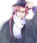  1boy adjusting_clothes adjusting_hat bespectacled coat contemporary fedora glasses hair hat male_focus masato_(oal) ponytail redhead scarf simple_background smile solo tonbokiri_(touken_ranbu) touken_ranbu white_background winter_clothes yellow_eyes 