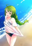  1girl beach bikini braid comah green_eyes green_hair kantai_collection long_hair open_mouth see-through shirt smile solo swimsuit yuugumo_(kantai_collection) 