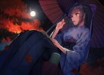  1girl autumn_leaves bad_id black_hair book bow cup eating full_moon hair_bow japanese_clothes kimono long_hair moon night oriental_umbrella original ponytail reading sash sayagata sitting sky solo teacup tree umbrella wide_sleeves yasumo_(kuusouorbital) yunomi 