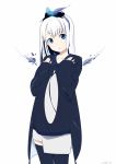  1girl black_legwear blue_eyes collarbone hands_on_own_chest head_tilt long_hair looking_at_viewer original signature silver_hair simple_background sleeves_past_wrists so_shina solo thigh-highs white_background 