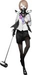 1girl black_legwear black_skin black_skirt blush brown_eyes brown_hair caligula_(game) covered_mouth flower gloves hammer holding holding_weapon long_sleeves looking_at_viewer mask official_art oguchi pantyhose shinohara_mifue simple_background skirt solo standing white_background 