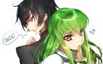  1boy 1girl 2016 back-to-back black_hair c.c. code_geass creayus food green_hair lelouch_lamperouge long_hair mouth_hold musical_note pizza short_hair simple_background violet_eyes white_background yellow_eyes 