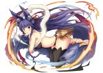  1girl all_fours animal_ears bangs bare_back bare_shoulders barefoot bell black_legwear blunt_bangs blush bra breasts choker cleavage crossed_arms elbow_gloves erun_(granblue_fantasy) eyebrows eyebrows_visible_through_hair fang feet_up fire fox_ears fox_tail fur_trim gloves granblue_fantasy hair_bell hair_ornament highres jewelry jingle_bell large_breasts long_hair looking_at_viewer looking_to_the_side maca_(macaca12) panties purple_hair red_eyes shawl sidelocks smile solo tail thigh-highs thighs toeless_legwear tsurime underwear very_long_hair white_background yuel_(granblue_fantasy) 
