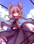  1girl animal_ears blush capelet clouds dowsing_rod grey_hair jewelry long_sleeves looking_at_viewer mouse_ears nazrin necklace parted_lips red_eyes shirt short_hair skirt skirt_set sky solo tail tis_(shan0x0shan) touhou vest 