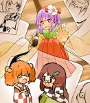  3girls ^_^ apron bell brown_eyes brown_hair calligraphy_brush checkered checkered_shirt closed_eyes crying crying_with_eyes_open flower futatsuiwa_mamizou futatsuiwa_mamizou_(human) glasses hair_bell hair_flower hair_ornament hieda_no_akyuu japanese_clothes jingle_bell kimono leaf leaf_on_head long_hair misha_(hoongju) motoori_kosuzu multiple_girls paintbrush pince-nez purple_hair scarf shirt smile tears touhou twintails two_side_up violet_eyes 