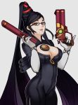  1girl bayonetta bayonetta_(character) black_hair breasts cleavage gloves grey_background grey_eyes highres light_smile lips long_hair looking_at_viewer mole simple_background smile solo splashbrush thighs 