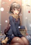  1girl backpack bag black_gloves blush brown_eyes brown_hair cat commentary_request gloves groceries ichikawa_feesu long_hair looking_at_viewer open_mouth original pantyhose ponytail scarf school_uniform sitting skirt smile snowing solo wariza 