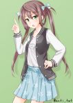  1girl anti_(untea9) arm_up asagumo_(kantai_collection) blush brown_hair commentary_request green_eyes hair_ribbon hand_on_hip highres jacket kantai_collection long_hair looking_at_viewer open_mouth ribbon skirt solo twintails 