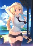  1girl armpits blonde_hair braid chestnut_mouth fate/apocrypha fate_(series) highres impossible_clothes long_hair midriff popsicle ruler_(fate/apocrypha) short_shorts shorts solo thigh-highs ureshiijelek violet_eyes 