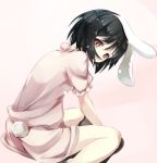  1girl animal_ears bangs black_hair bunny_tail dress eyebrows eyebrows_visible_through_hair gorilla_(bun0615) highres inaba_tewi looking_at_viewer looking_back puffy_short_sleeves puffy_sleeves rabbit_ears red_eyes short_hair short_sleeves simple_background sitting solo tail touhou 