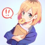  !! 1girl blush brown_hair doughnut envelope food green_eyes ilya_kuvshinov looking_at_viewer miyamori_aoi mouth_hold shirobako short_hair solo 