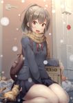  1girl backpack bag black_gloves blush brown_eyes brown_hair cat commentary_request gloves groceries highres ichikawa_feesu long_hair looking_at_viewer open_mouth original ponytail scarf school_uniform sitting skirt smile snowing solo wariza 