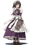 1girl adapted_costume alternate_costume back black_hair blush brown_eyes cannon dress enmaided haguro_(kantai_collection) kantai_collection looking_back maid maid_headdress open_mouth purple_dress short_hair solo tatsumi_rei torpedo turret 