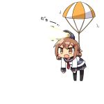  1girl brown_hair chibi doyagao fang hair_ornament hairclip ikazuchi_(kantai_collection) kanikama kantai_collection lowres open_mouth parachute school_uniform searchlight serafuku short_hair sleeves_past_wrists solo thigh-highs translated 