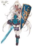  1girl armor armored_dress bare_shoulders blue_dress dark_skin dress granblue_fantasy haruyuki_(yukichasoba) long_hair red_eyes shield short_dress solo sword the_order_grande weapon white_hair 