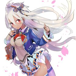  1girl bag breasts dark_skin granblue_fantasy grey_hair hairband long_hair looking_at_viewer panties pantyshot pantyshot_(standing) purple_legwear red_eyes simple_background skirt smile solo standing tajima_ryoushi the_order_grande thigh-highs underwear white_background white_panties 