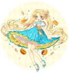  1girl angel_cream bishoujo_senshi_sailor_moon blonde_hair blue_dress blue_eyes blue_shoes bow candy double_bun doughnut dress earrings flower food frills full_body hair_flower hair_ornament high_heels jewelry konpeitou layered_dress lollipop long_hair looking_at_viewer marshmallow old-fashioned_doughnut pink_bow shoes solo tsukino_usagi twintails yellow_background yushika_(u_3_n) 