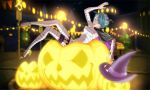  1girl alternate_costume bandages blue_eyes blue_hair cape fire_emblem fire_emblem_if hair_ornament hair_over_one_eye halloween hat high_heels jack-o&#039;-lantern kozaki_yuusuke official_art open_mouth pumpkin setsuna_(fire_emblem_if) short_hair sitting solo witch_hat 