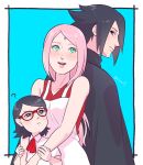  1boy 2girls apron black_eyes black_hair blush cape facial_mark family father_and_daughter forehead_mark glasses green_eyes haruno_sakura husband_and_wife long_hair looking_back mother_and_daughter multiple_girls naruto pink_hair red-framed_glasses risuo short_hair uchiha_sarada uchiha_sasuke 