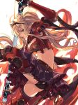  1girl armor armored_boots ass bangs belt black_legwear black_panties blonde_hair blue_eyes boots braid breasts cleavage crop_top eredhen frilled_skirt frills from_side gauntlets granblue_fantasy hair_ornament hairband holding holding_weapon light_particles long_hair looking_at_viewer md5_mismatch midriff miniskirt navel one_leg_raised panties pantyshot pauldrons profile skirt solo sweat thigh-highs thigh_boots twintails underwear upskirt zeta_(granblue_fantasy) 