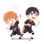  2boys arm_up artist_name black_eyes black_hair blush chibi clenched_hands closed_eyes clothes_writing fist_pump haikyuu!! hinata_shouyou kageyama_tobio knee_pads looking_away male_focus mery_(apfl0515) multiple_boys open_mouth orange_hair shadow shoes short_hair shorts signature smile sneakers sportswear standing tsurime volleyball_uniform white_background 