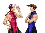  2boys alternate_color baseball_cap braid brothers brown_hair chinese_clothes crossed_arms f-15jrs fang from_side hat looking_at_another male_focus multiple_boys siblings simple_background sleeveless smile spiky_hair street_fighter twins white_background yang_lee yun_lee 