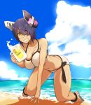  1girl alcohol all_fours ass beach beer beer_mug bikini blue_sky breasts butt_crack checkered checkered_necktie cleavage clouds downpants eyepatch full_body glowing grin headgear holding kantai_collection large_breasts looking_at_viewer navel necktie ocean outdoors purple_hair sand sandals sky smile solo swimsuit tenryuu_(kantai_collection) tokiwa_mmm water white_bikini yellow_eyes 