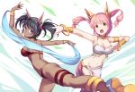  2girls animal_ears anklet arm_up armpits ass belt bikini bikini_top black_hair bracelet bracer breasts brown_eyes character_request cleavage dancer dancing dark_skin earrings fake_animal_ears fang foreshortening fox_ears groin hairband jewelry leaning_forward legs loincloth long_hair looking_back multiple_girls navel no_tail open_mouth outstretched_arm outstretched_arms pink_hair rabi-ribi saiste shoes sideboob smile standing_on_one_leg swimsuit thigh_strap twintails veil violet_eyes 