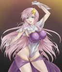  1girl blue_eyes blush breasts commentary_request covered_nipples dtcy gloves gundam gundam_seed gundam_seed_destiny hair_ornament highleg large_breasts leotard long_hair looking_at_viewer meer_campbell open_mouth pink_hair smile solo star star_hair_ornament 