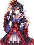  1girl absurdres alternate_costume bangle black_hair bracelet cape cross crown dress embellished_costume highres horns jewelry kijin_seija king multicolored_hair necklace red_eyes redhead sheya short_hair skirt solo streaked_hair tongue tongue_out touhou white_hair 
