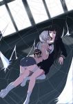  2girls atlach-nacha between_breasts black_hair closed_eyes couple head_between_breasts hirasaka_hatsune hug lying miyama_kanako multiple_girls on_person panties pantyshot silk silver_hair socks spider_web thigh-highs underwear yume_developing yuri 