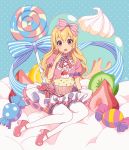  1girl aikatsu! artist_name blonde_hair blush candy dress earrings food food_on_face fruit hair_ribbon heart heart_earrings hoshimiya_ichigo jewelry kim_bae-eo lollipop long_hair looking_at_viewer muffin open_mouth pink_dress pink_shoes polka_dot polka_dot_background red_eyes ribbon shoes short_dress short_sleeves sitting skirt solo strawberry striped striped_ribbon thigh-highs white_legwear 