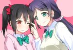  2girls black_hair blush bow cardigan green_eyes hair_bow long_hair love_live!_school_idol_project low_twintails multiple_girls one_eye_closed purple_hair red_eyes scrunchie smile sweater_vest toujou_nozomi twintails umekichi yazawa_nico 