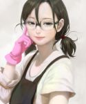  1girl apron bangs black_eyes black_hair glasses gloves hair_between_eyes lips looking_at_viewer mujiha_(mlog) open_mouth original pink_gloves short_twintails smile solo twintails upper_body 