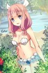  1girl alternate_costume bangs beach bikini blush breasts cleavage fire_emblem fire_emblem_if flower leaf long_hair low_twintails midriff mitama_(fire_emblem_if) navel open_mouth pink_hair shell shell_bikini shira_yu_ki solo star star-shaped_pupils swimsuit symbol-shaped_pupils twintails violet_eyes water 