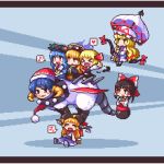  &gt;_&lt; 6+girls :d black_dress black_hair black_hat blonde_hair blue_hair bow doreking doremy_sweet dress food fruit gap hair_bow hair_ribbon hakurei_reimu hands_in_sleeves hat hat_ribbon heart hinanawi_tenshi horn_ribbon horns ibuki_suika junko_(touhou) kumamoto_(bbtonhk2) long_hair lowres mob_cap multiple_girls musical_note open_mouth orange_hair outstretched_arms peach pixel_art red_bow red_ribbon ribbon rumia sitting smile spoken_heart spoken_musical_note spoken_zzz touhou umbrella white_hat xd yakumo_yukari 