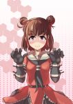  1girl alternate_hairstyle brown_hair cosplay double_bun gloves groping_motion highres idolmaster idolmaster_cinderella_girls kantai_collection look-alike looking_at_viewer mockmock munakata_atsumi naka_(kantai_collection) naka_(kantai_collection)_(cosplay) red_eyes school_uniform serafuku shaded_face short_hair skirt smile solo 