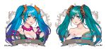  2girls arcade_sona bare_shoulders beads blue_hair breasts character_name cleavage clenched_hands dual_persona earrings green_hair hair_ornament jewelry large_breasts league_of_legends lipstick makeup multiple_girls nabicarol_(na_lolol) prayer_beads red_lipstick smile sona_buvelle star star_earrings star_hair_ornament twintails twitter_username 