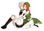  2girls ^_^ apron blush braid closed_eyes couple hat hong_meiling hug hug_from_behind izayoi_sakuya kneehighs long_hair maid maid_headdress mary_janes mochino_(yumeura_fuumi) multiple_girls redhead shoes silver_hair simple_background sitting smile star touhou twin_braids waist_apron white_background yuri 