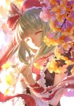  1girl ^_^ arm_ribbon autumn autumn_leaves bangs bow closed_eyes eyebrows eyebrows_visible_through_hair eyelashes falling_leaves frilled_bow frills ginkgo green_hair hair_bow hair_ribbon highres kagiyama_hina leaf red_bow ribbon shade smile solo touhou upper_body wei_li 