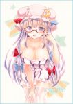  1girl bangs bare_shoulders bespectacled blue_ribbon blunt_bangs blush breasts cleavage collarbone crescent crescent_hair_ornament eyebrows eyebrows_visible_through_hair glasses hair_ornament hair_ribbon hat large_breasts leaning_forward long_hair looking_at_viewer mob_cap open_mouth patchouli_knowledge potto_(minntochan) purple_hair red-framed_glasses red_ribbon ribbon sample semi-rimless_glasses solo thigh-highs touhou traditional_media tress_ribbon very_long_hair violet_eyes white_legwear 