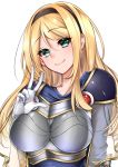  1girl armor blonde_hair blush bodysuit boobplate breastplate breasts gloves green_eyes hairband head_tilt highres large_breasts league_of_legends long_hair looking_at_viewer luxanna_crownguard simple_background smile solo tenma_haruka upper_body w white_background white_gloves 