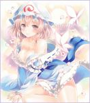  1girl blue_dress breasts butterfly cherry_blossoms cleavage colored_pencil_(medium) dress hat japanese_clothes long_sleeves marker_(medium) mob_cap obi petals pink_eyes pink_hair potto_(minntochan) saigyouji_yuyuko sash solo touhou traditional_media triangular_headpiece wide_sleeves 