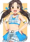  1girl :d alternate_hairstyle armband black_hair blush bow brown_eyes commentary_request crop_top flat_chest hair_bow hands_on_hips idolmaster idolmaster_cinderella_girls long_hair navel open_mouth pettan_p skirt smile solo tachibana_arisu twintails 