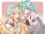  2girls armor artemis_(p&amp;d) bare_shoulders blonde_hair freyja_(p&amp;d) green_eyes green_hair hair_ornament jewelry long_hair multiple_girls open_mouth puzzle_&amp;_dragons smile tono 